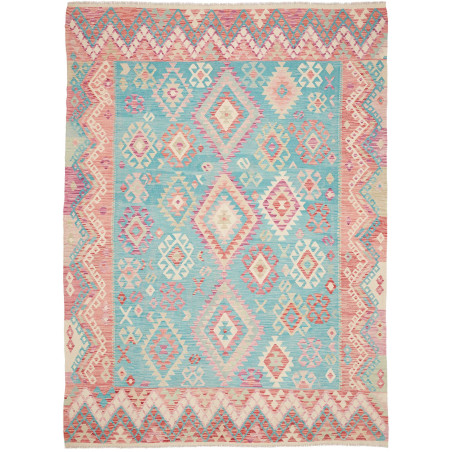 Tappeto Kilim Afghanistan Geometrico Azzurro Corallo Bianco