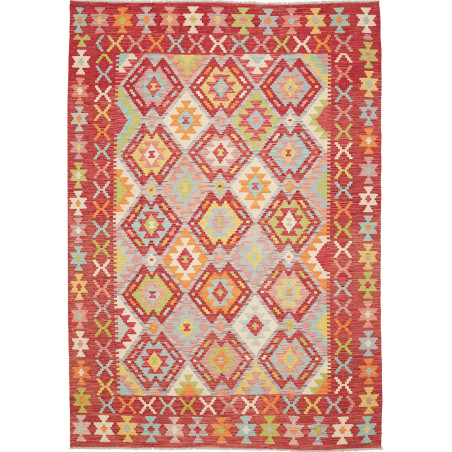 Tappeto Kilim Afghanistan Astratto Rosso Crema Blu Giallo Ve
