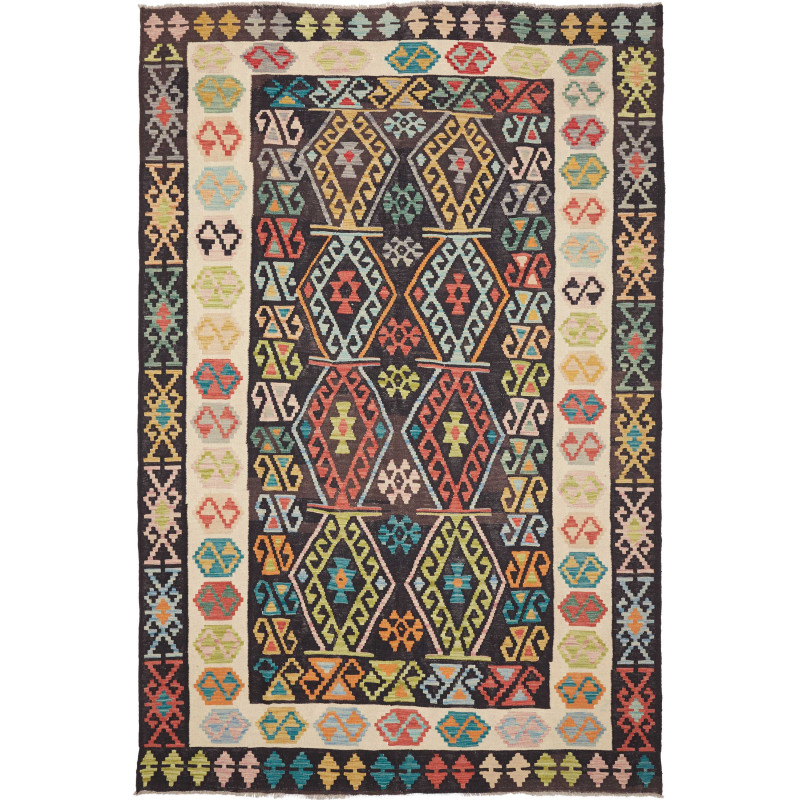 Tappeto Kilim Afghanistan Astratto Marrone Scuro Crema Rosso