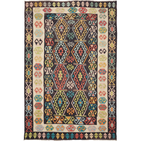 Tappeto Kilim Afghanistan Astratto Marrone Scuro Crema Rosso