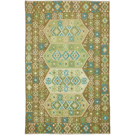 Tappeto Kilim Afghanistan Geometrico Verde Marrone Blu Turch