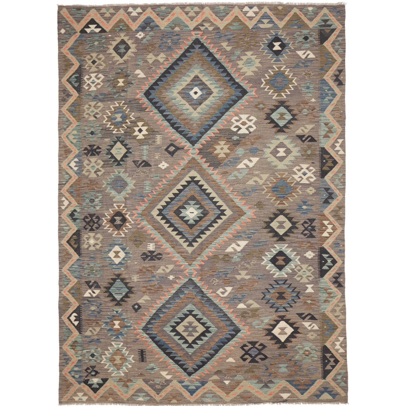 Tappeto Kilim Afghanistan Astratto Marrone Grigio Blu Scuro