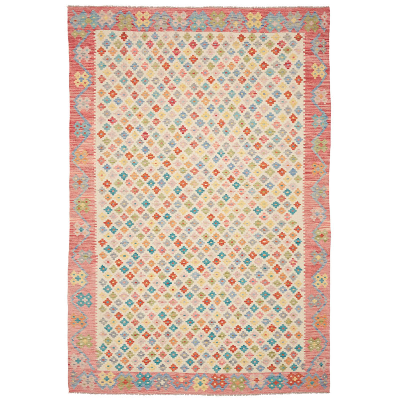 Tappeto Kilim Afghanistan Geometrico Crema Corallo Multicolo