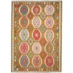 Tappeto Kilim Afghanistan Astratto Verde Oliva Ocra Rosso Co