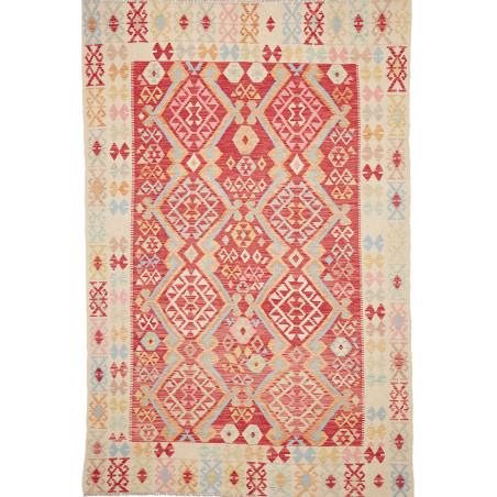 Tappeto Kilim Afghanistan Astratto Rosso Crema Azzurro Rosa