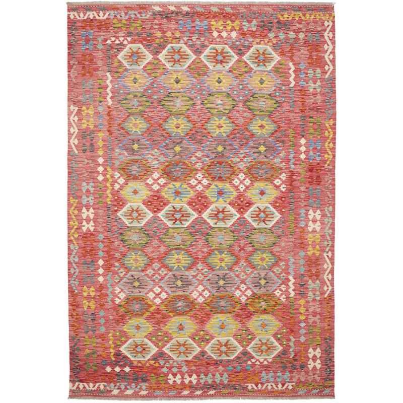 Tappeto Kilim Afghanistan Geometrico Rosa Rosso Giallo Blu V