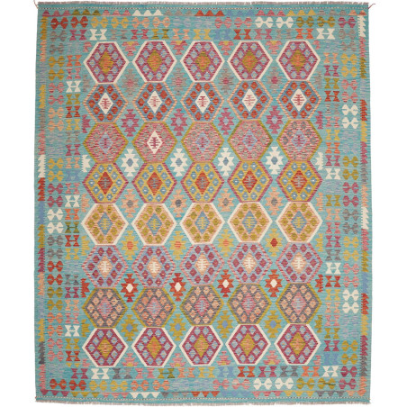 Tappeto Kilim Afghanistan Astratto Turchese Rosso Oro Rosa C