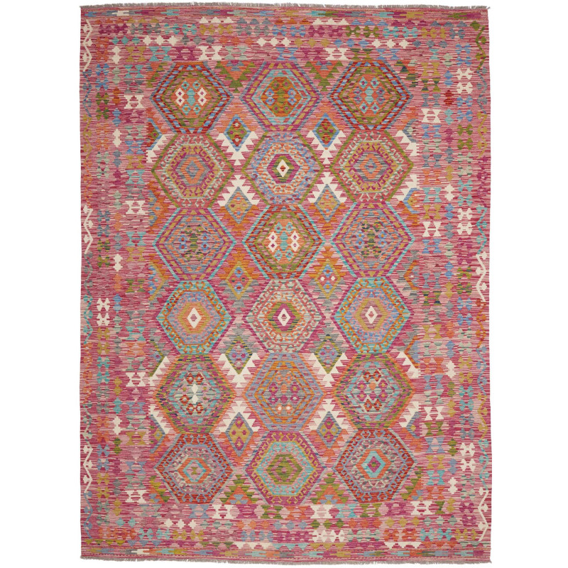 Tappeto Kilim Afghanistan Geometrico Rosa Corallo Arancio Tu