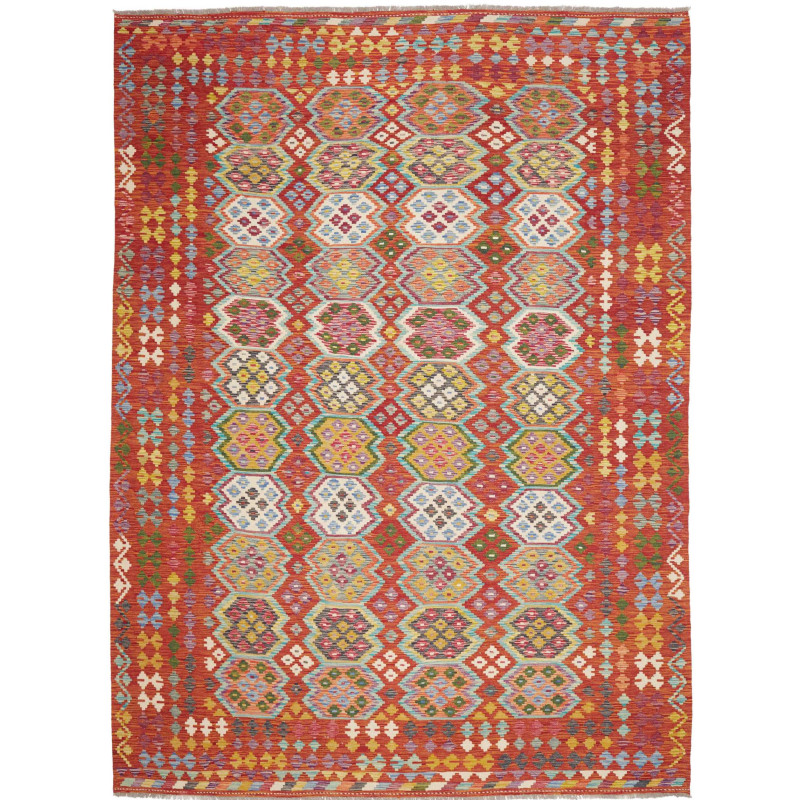 Tappeto Kilim Afghanistan Geometrico Rosso Terracotta Blu Az