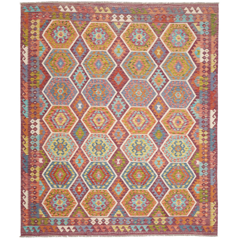 Tappeto Kilim Afghanistan Astratto Rosso Arancio Turchese Gi