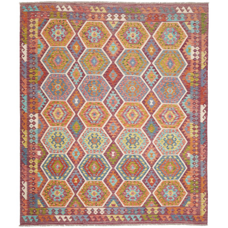 Tappeto Kilim Afghanistan Astratto Rosso Arancio Turchese Gi
