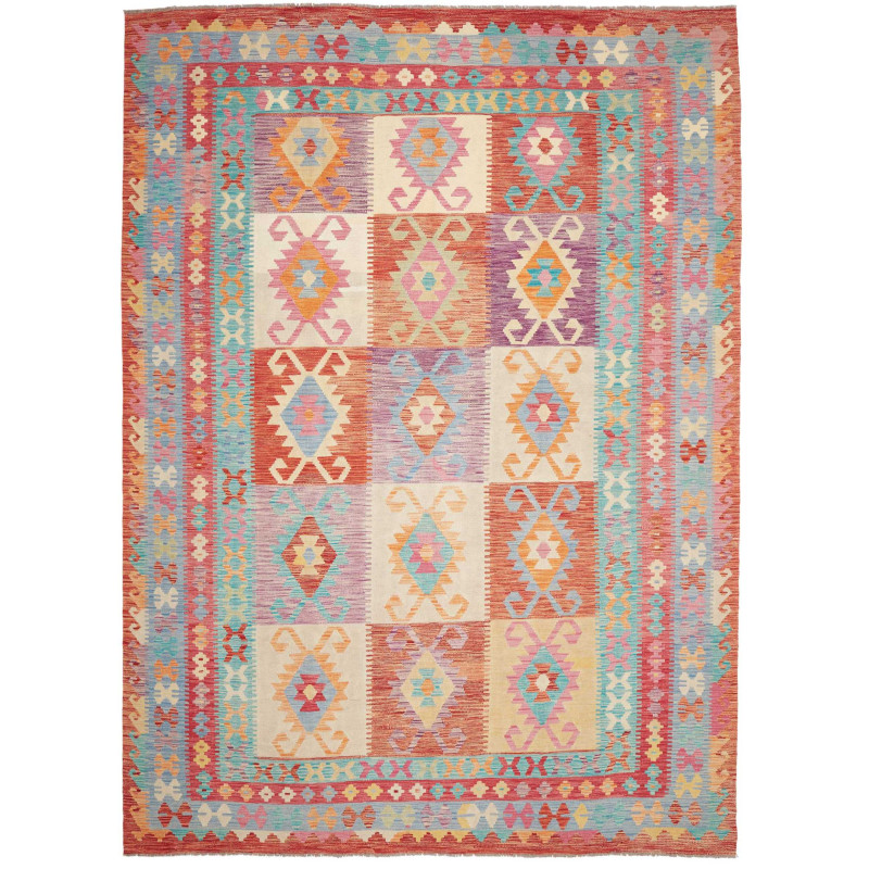 Tappeto Kilim Afghanistan Geometrico Rosso Arancio Turchese