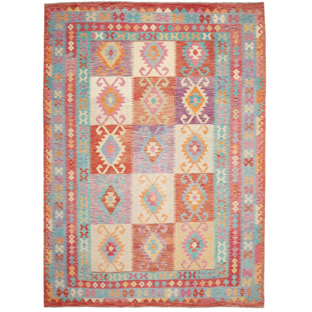 Tappeto Kilim Afghanistan Geometrico Rosso Arancio Turchese