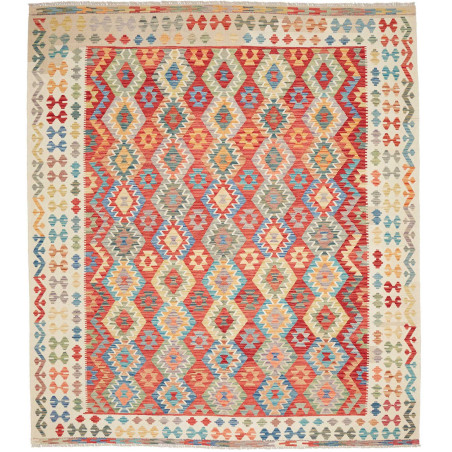 Tappeto Kilim Afghanistan Geometrico Rosso Crema Blu Verde G