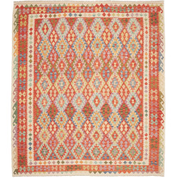 Tappeto Kilim Afghanistan Astratto Rosso Arancione Crema Blu