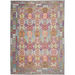 Tappeto Kilim Afghanistan Geometrico Grigio Blu Rosa Fucsia