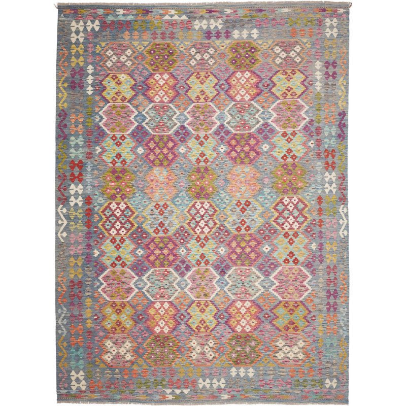 Tappeto Kilim Afghanistan Geometrico Grigio Blu Rosa Fucsia