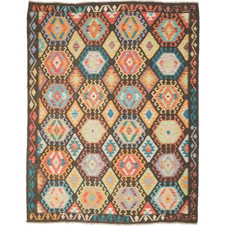 Tappeto Kilim Afghanistan Geometrico Marrone Scuro Multicolo