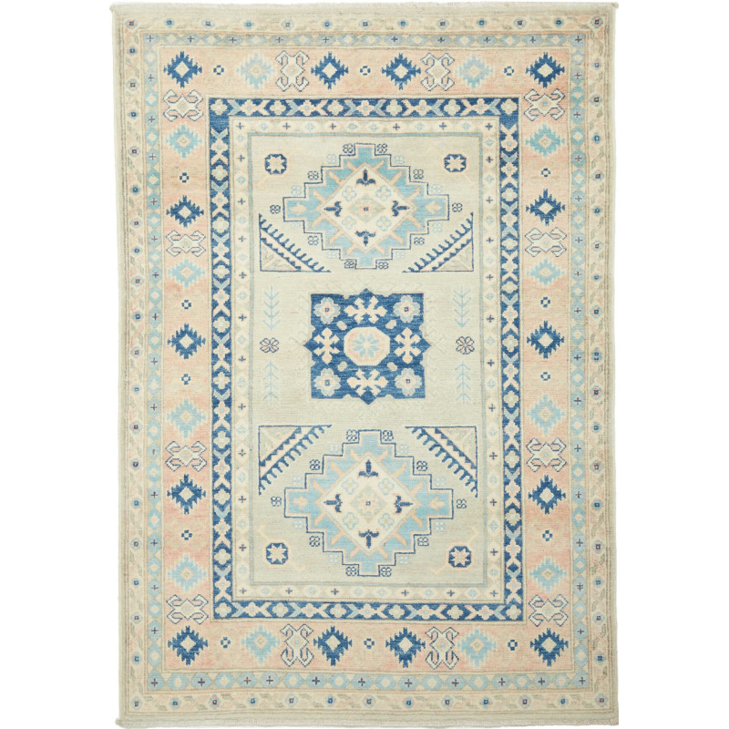 Tappeto Kazak Afghanistan Medaglione Beige Light Blu Celeste