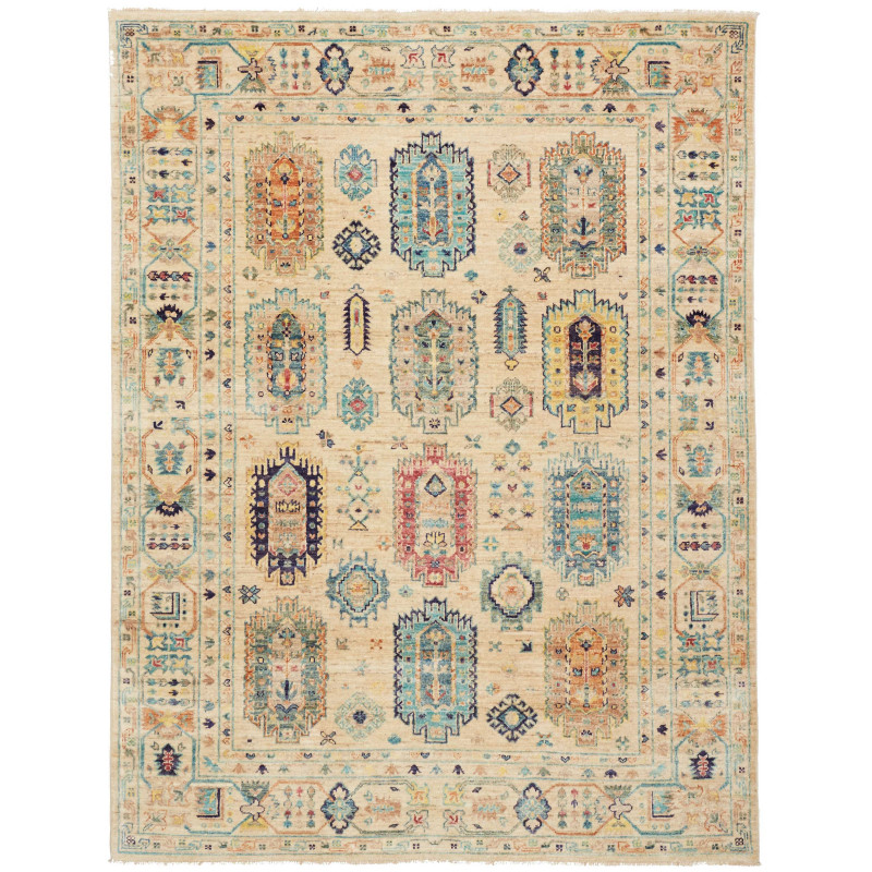 Tappeto Tribal Pakistan Cornice Beige Crema Blu Turchese Ros