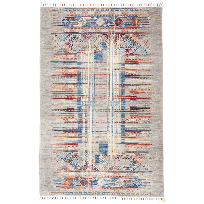 Tappeto Siva Pakistan Geometrico Grigio Blu Rosso Arancio Cr