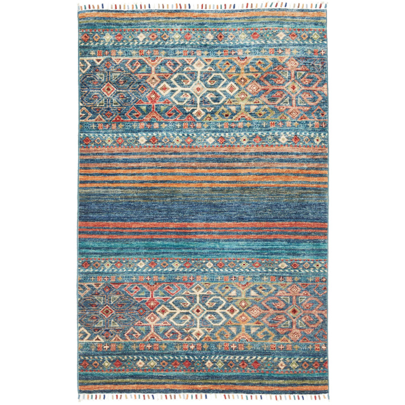 Tappeto Rubin Pakistan A Righe Blu Marino Turchese Arancio T