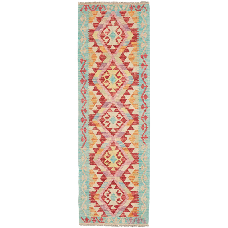 Tappeto Kilim Afghanistan Geometrico Blu Acqua Rosso Giallo