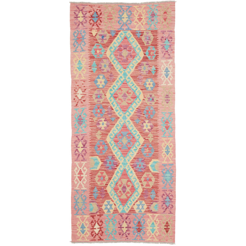 Tappeto Kilim Afghanistan Geometrico Rosa Rosso Azzurro Chia