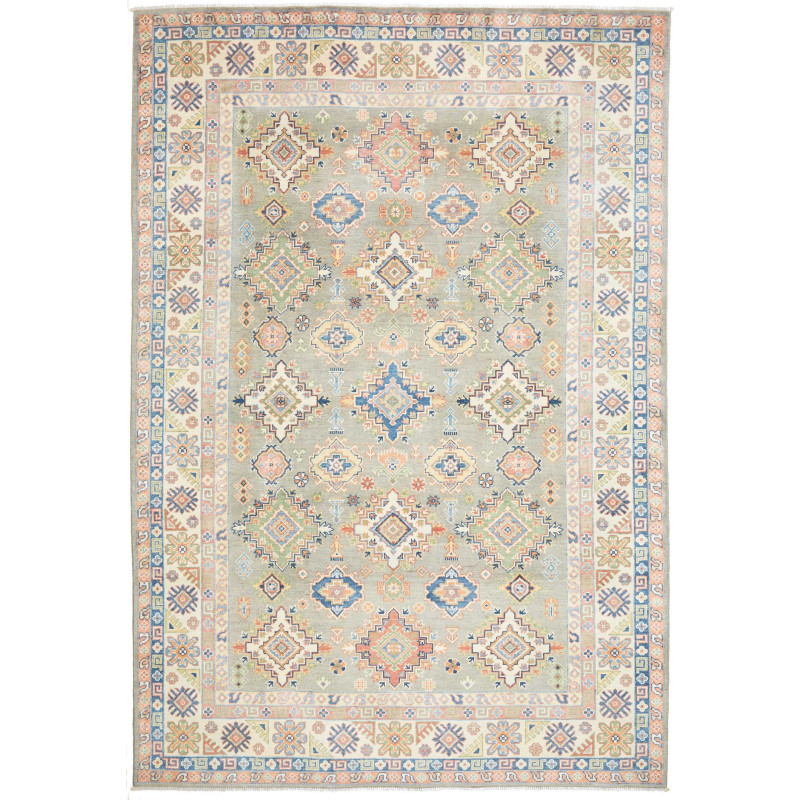 Tappeto Kazak Afghanistan Geometrico Verde Salvia Blu Chiaro