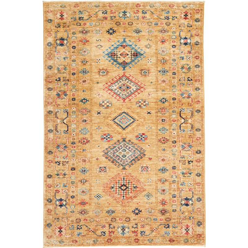 Tappeto Kazak Fine Pakistan Geometrico Oro Ocra Blu Rosso Cr