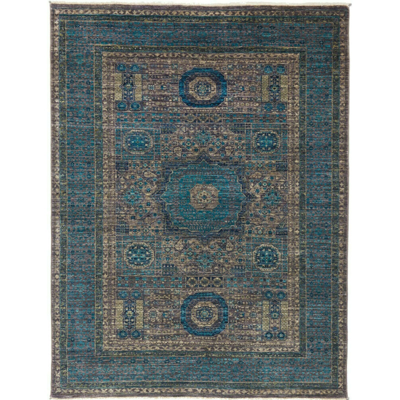 Tappeto Mamlouk Pakistan Medaglione Blu Ottanio Grigio Taupe