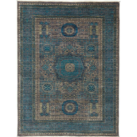 Tappeto Mamlouk Pakistan Medaglione Blu Ottanio Grigio Taupe