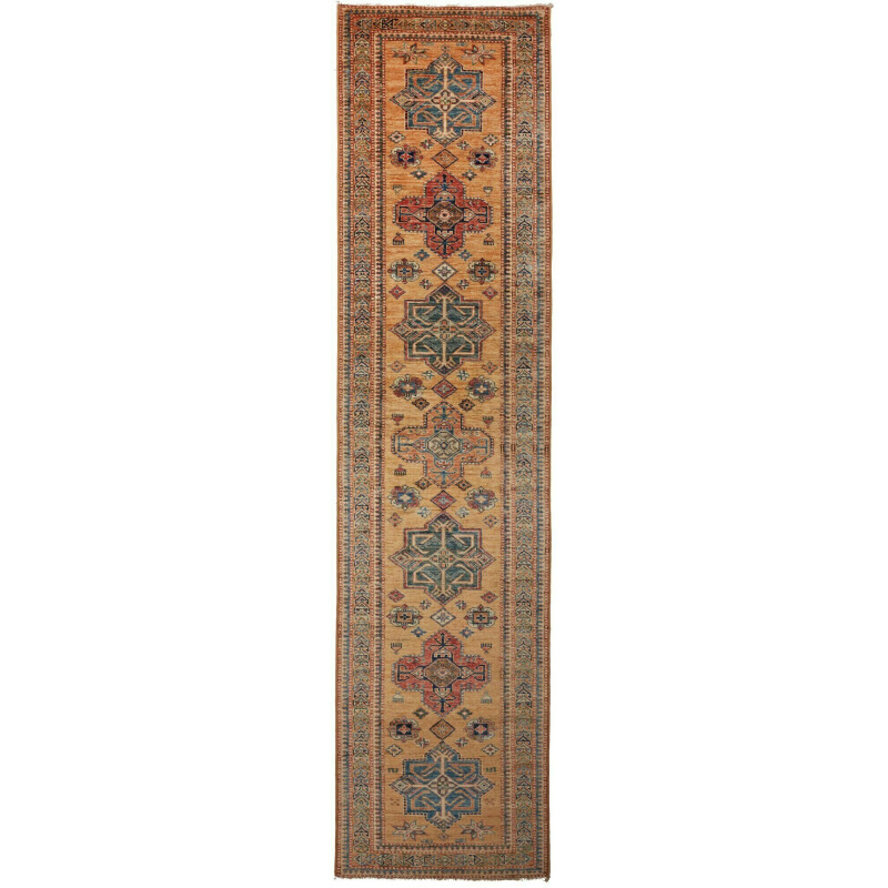 Tappeto Kazak Fine Pakistan Astratto Ocra Blu Petrolio Rosso