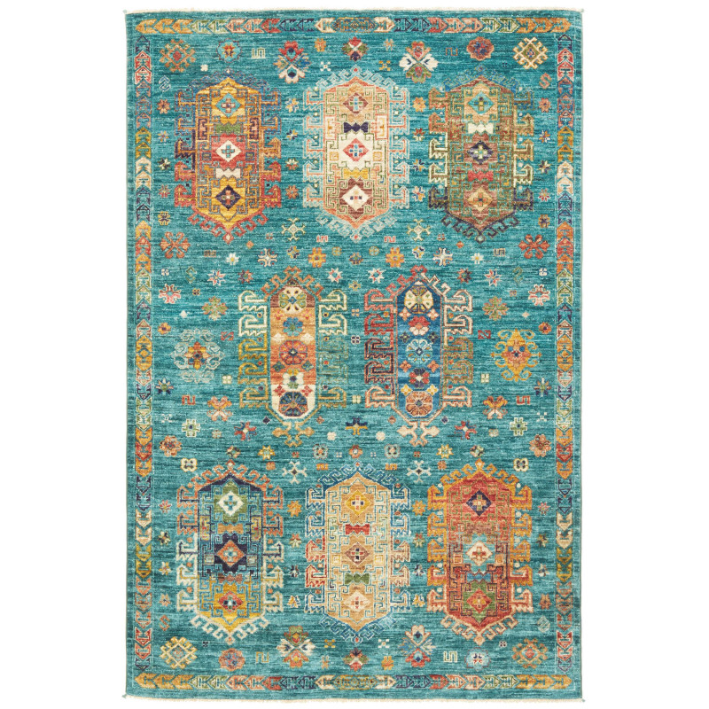 Tappeto Tribal Pakistan Astratto Turchese Rosso Arancio Gial