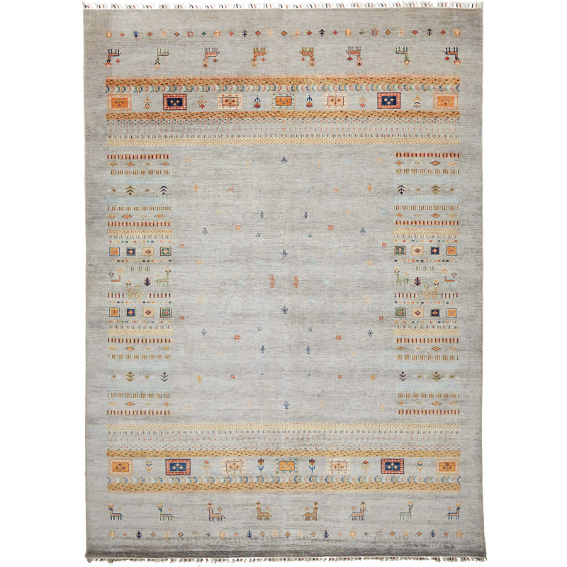 Tappeto Siva Pakistan Geometrico Grigio Salvia Arancio Giall