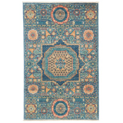 Tappeto Mamlouk Pakistan Medaglione Blu Petrolio Arancio Bru