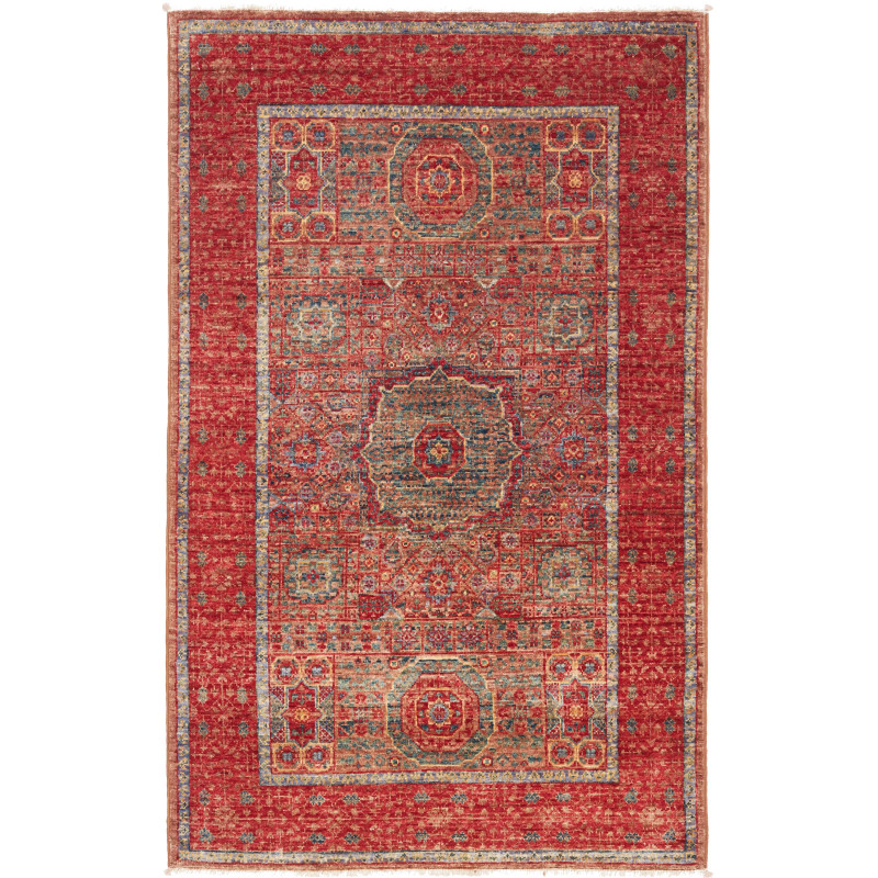Tappeto Mamlouk Pakistan Geometrico Rosso Petrolio Beige Oro