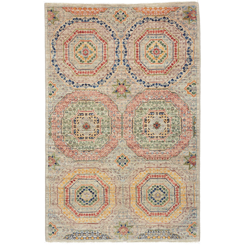 Tappeto Mamlouk Pakistan Astratto Beige Blu Rosso Verde Gial