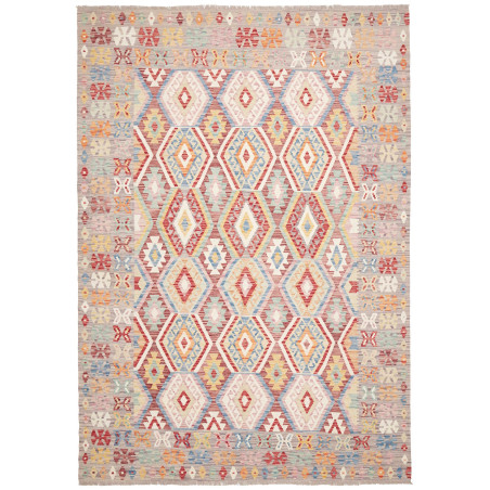 Tappeto Kilim Afghanistan Geometrico Grigio Beige Rosso Blu
