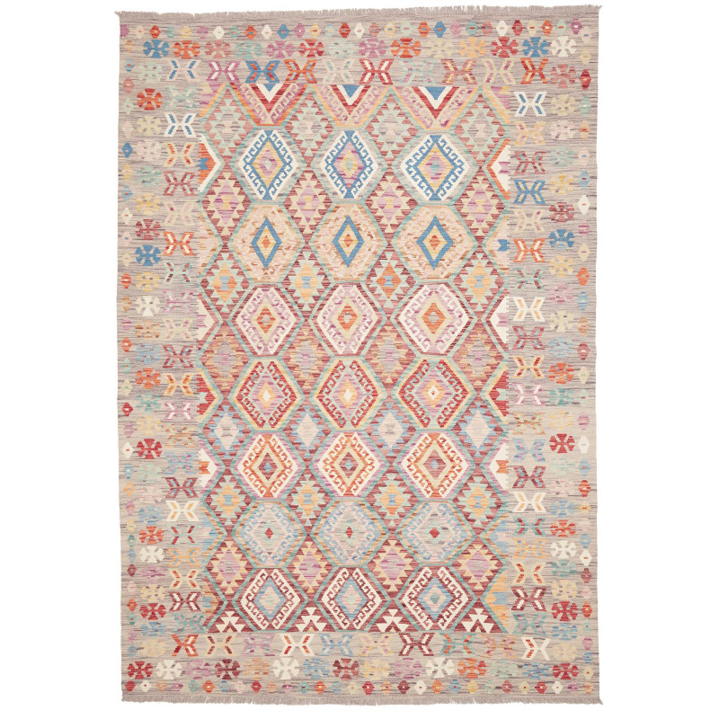 Tappeto Kilim Afghanistan Astratto Grigio Beige Azzurro Rosa