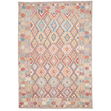 Tappeto Kilim Afghanistan Astratto Grigio Beige Azzurro Rosa