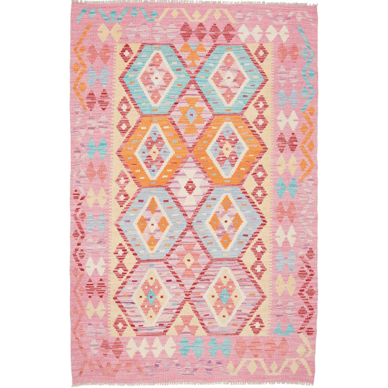 Tappeto Kilim Afghanistan Astratto Rosa Blu Cielo Arancione