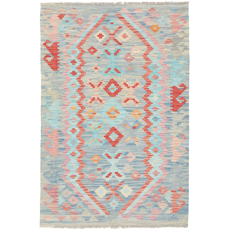 Tappeto Kilim Afghanistan Medaglione Blu Chiaro Rosso Corall