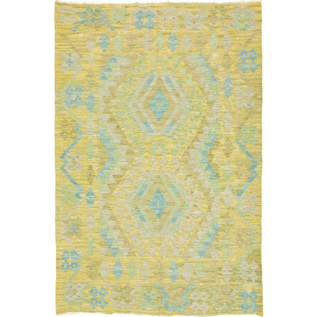 Tappeto Kilim Afghanistan Floreale Giallo Verde Lime Azzurro