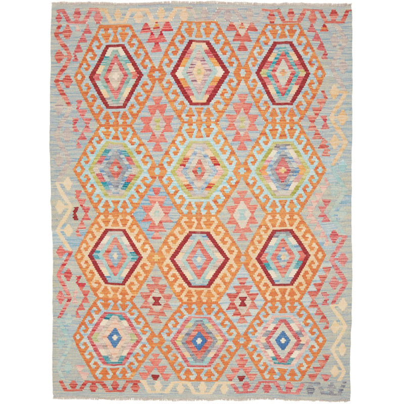 Tappeto Kilim Afghanistan Geometrico Azzurro Arancione Coral