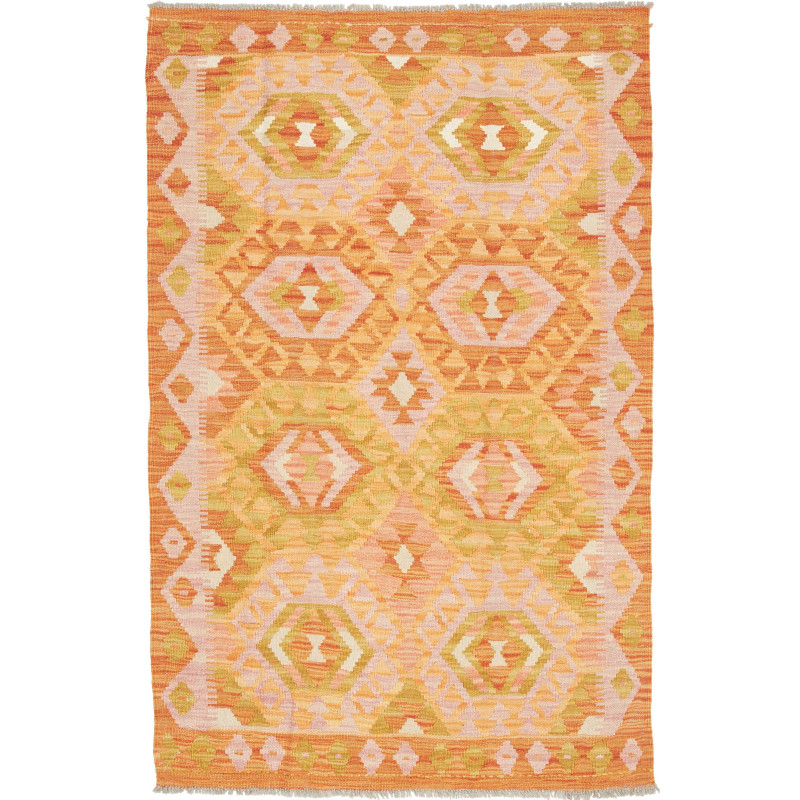 Tappeto Kilim Afghanistan Astratto Arancio Oro Rosa Pesca Cr