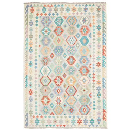 Tappeto Kilim Afghanistan Astratto Bianco Crema Azzurro Turc