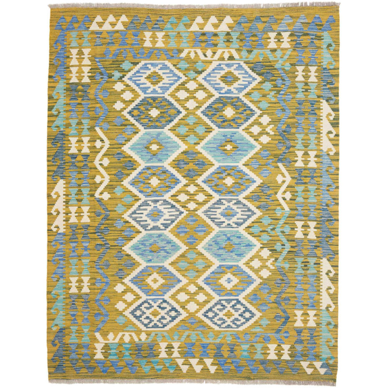 Tappeto Kilim Afghanistan Astratto Ocra Blu Bianco Crema 155
