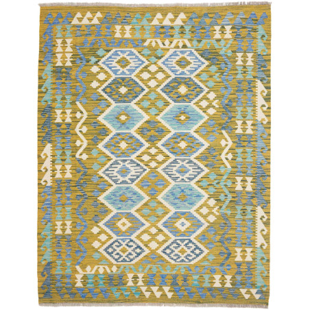 Tappeto Kilim Afghanistan Astratto Ocra Blu Bianco Crema 155