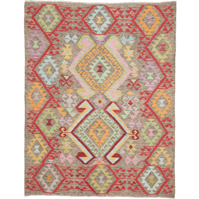 Tappeto Kilim Afghanistan Astratto Grigio Taupe Rosso Aranci